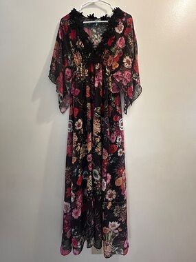 FARM Rio Black and Pink Sundress with Flutter Sleeves
